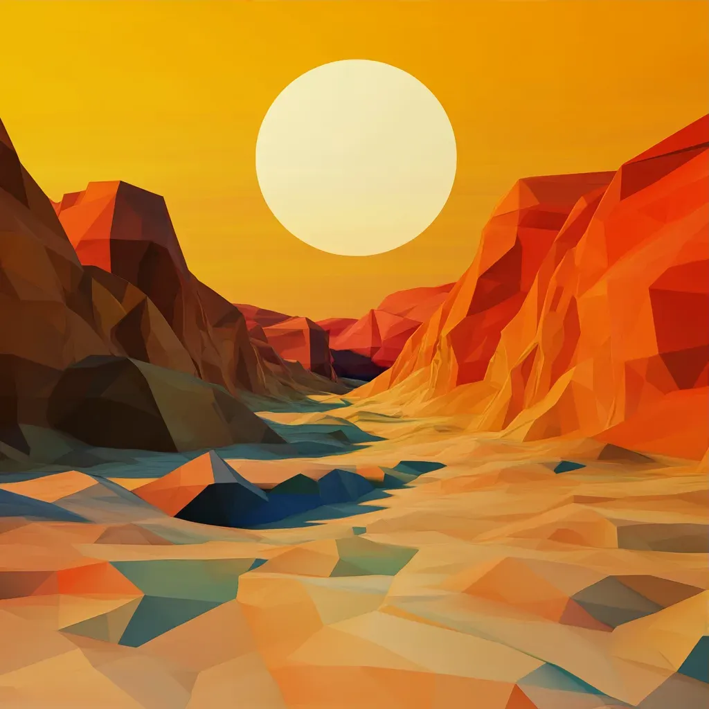 Warm-toned, low poly depiction of a vibrant desert under a scorching sun - Image 3