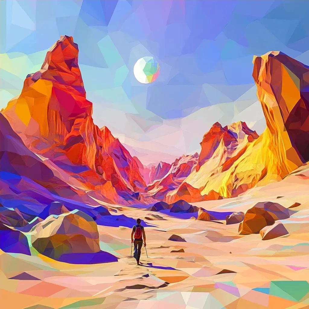 Warm-toned, low poly depiction of a vibrant desert under a scorching sun - Image 4