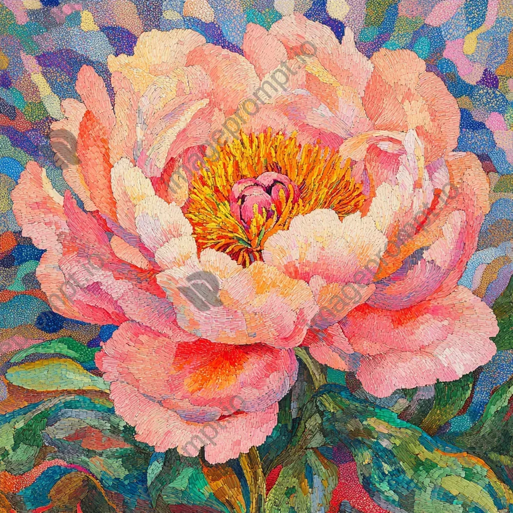 Resplendent peony in full bloom created using pointillism technique emphasizing petal patterns - Image 4