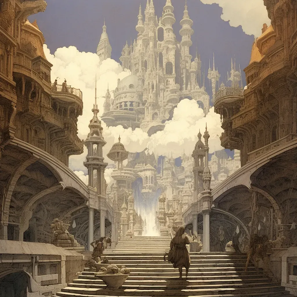 Staircase ascending into clouds mirroring as marketplace in a mirror - Image 1