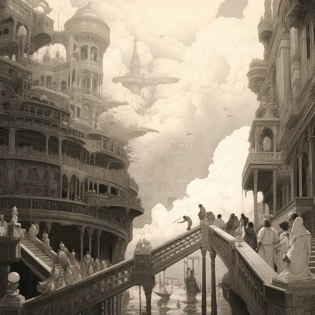 Staircase ascending into clouds mirroring as marketplace in a mirror - Image 2