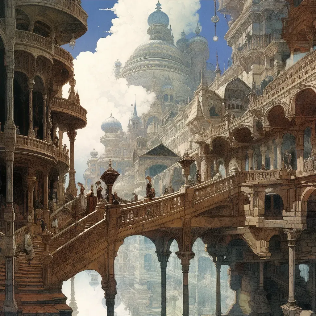 Staircase ascending into clouds mirroring as marketplace in a mirror - Image 4