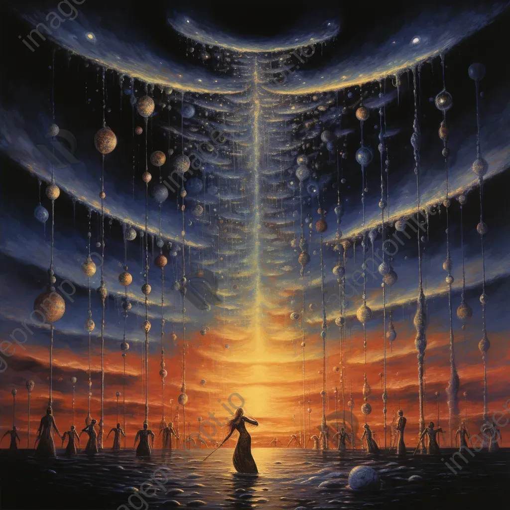 Surrealistic painting of a cosmic rain shower intertwining figures and celestial events - Image 2