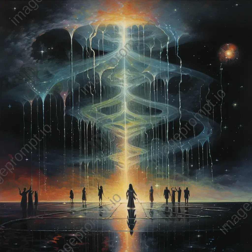 Surrealistic painting of a cosmic rain shower intertwining figures and celestial events - Image 4