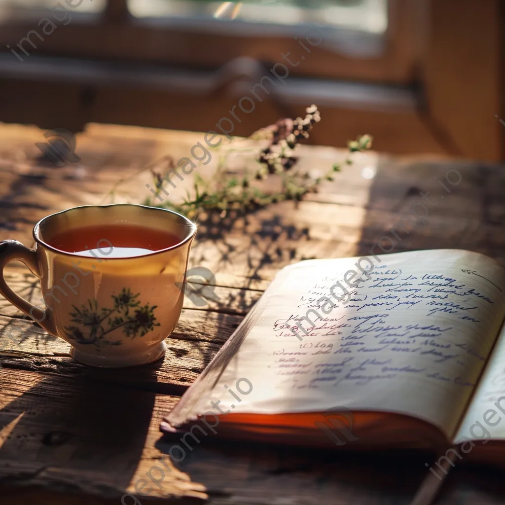 Notebook with affirmations and herbal tea on a wooden table - Image 2