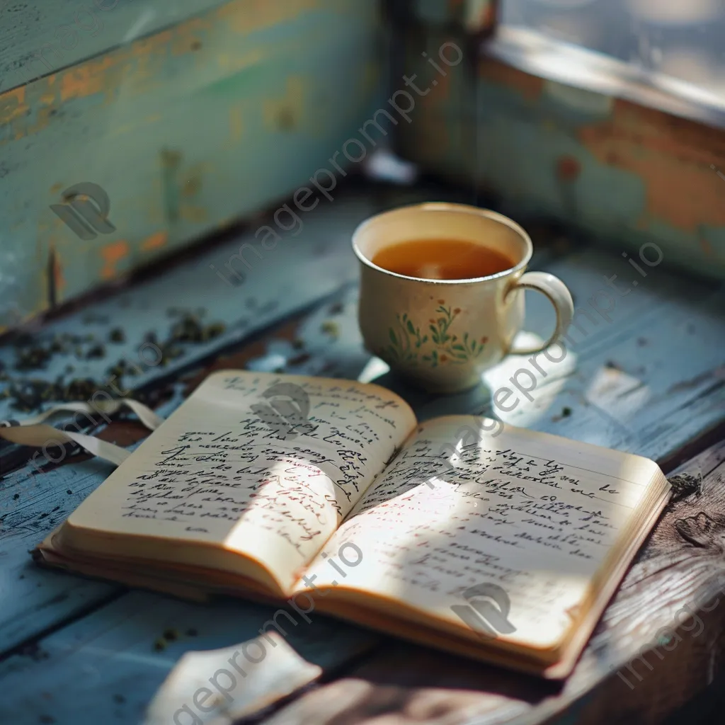 Notebook with affirmations and herbal tea on a wooden table - Image 4