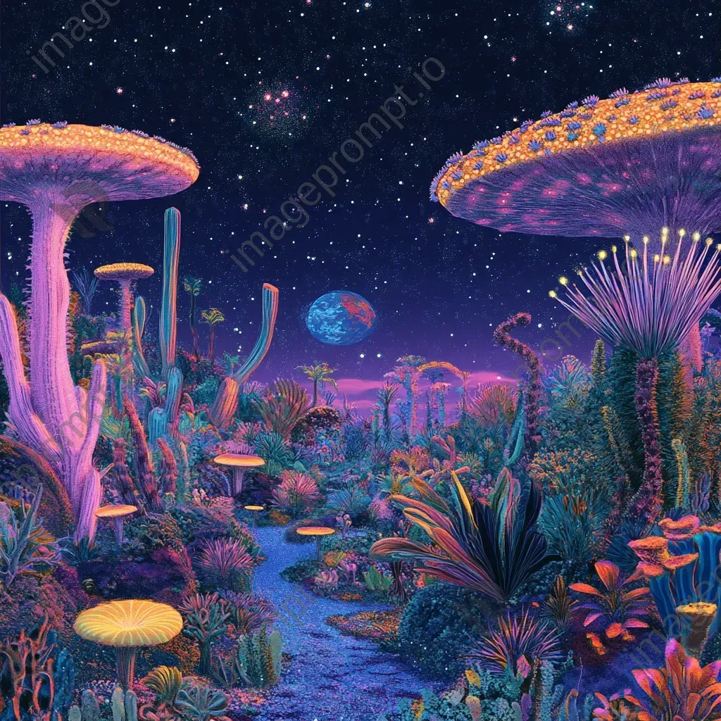 Children in spaceship viewing pastel alien landscape with unusual flora under starry sky - Image 1