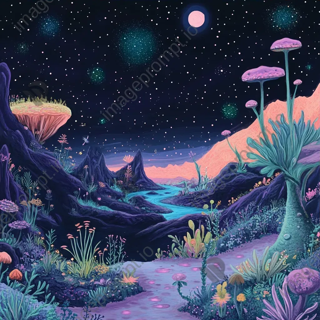 Children in spaceship viewing pastel alien landscape with unusual flora under starry sky - Image 3