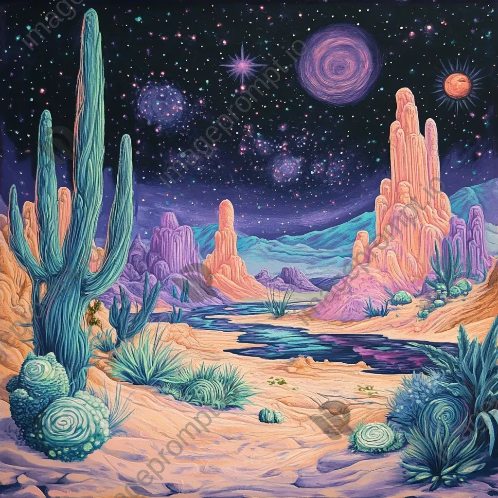 Children in spaceship viewing pastel alien landscape with unusual flora under starry sky - Image 4