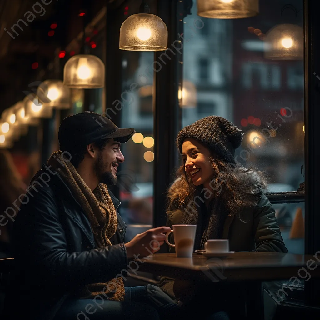 A young couple having a deep conversation in a cozy café. - Image 1