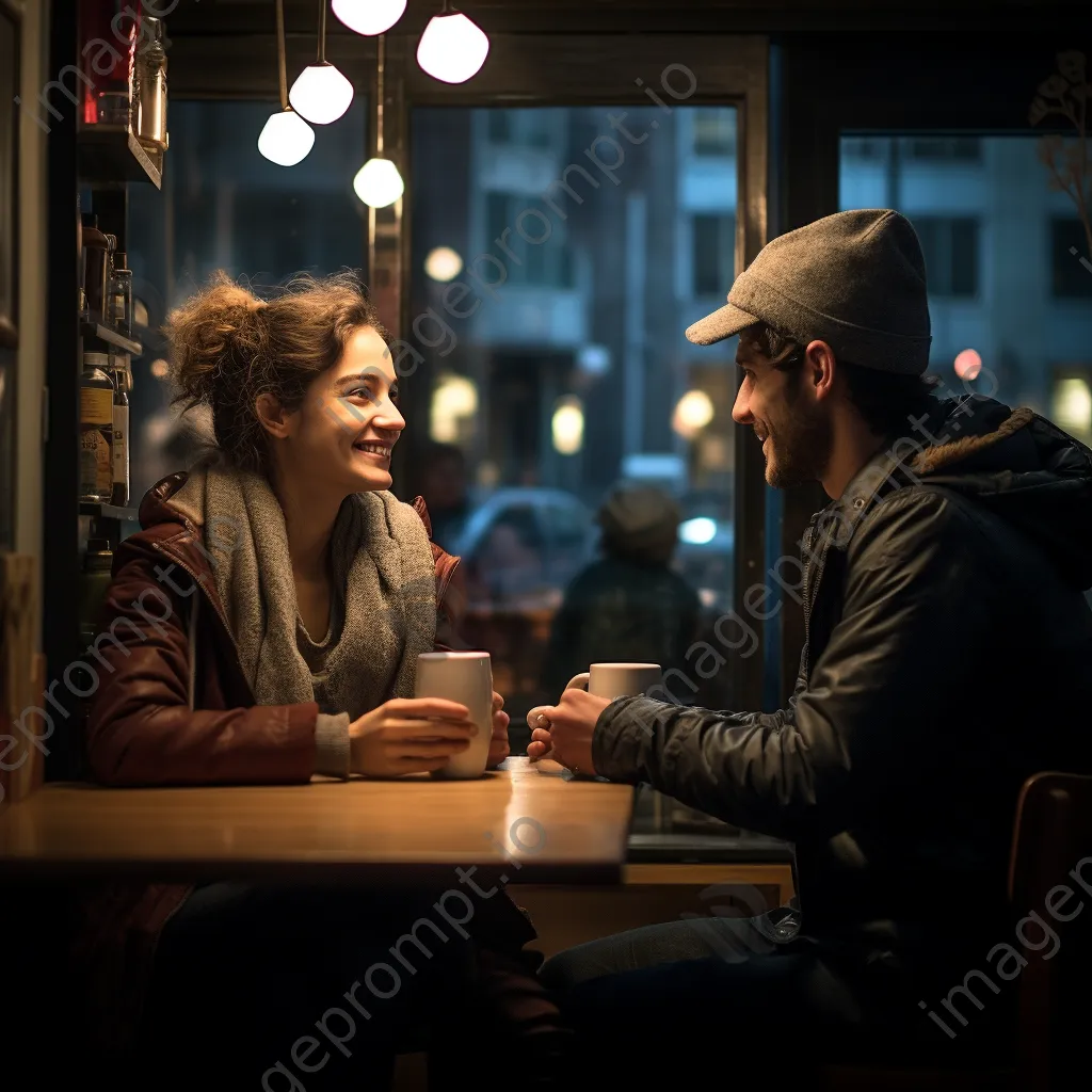 A young couple having a deep conversation in a cozy café. - Image 2