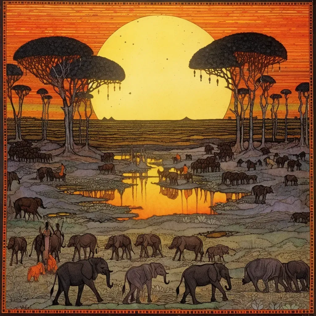 Image of a herd of elephants grazing in a wild savannah under the setting sun - Image 2