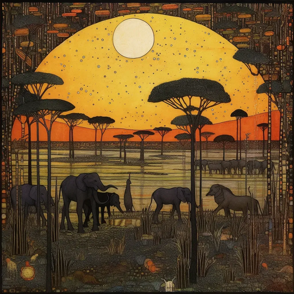 Image of a herd of elephants grazing in a wild savannah under the setting sun - Image 4