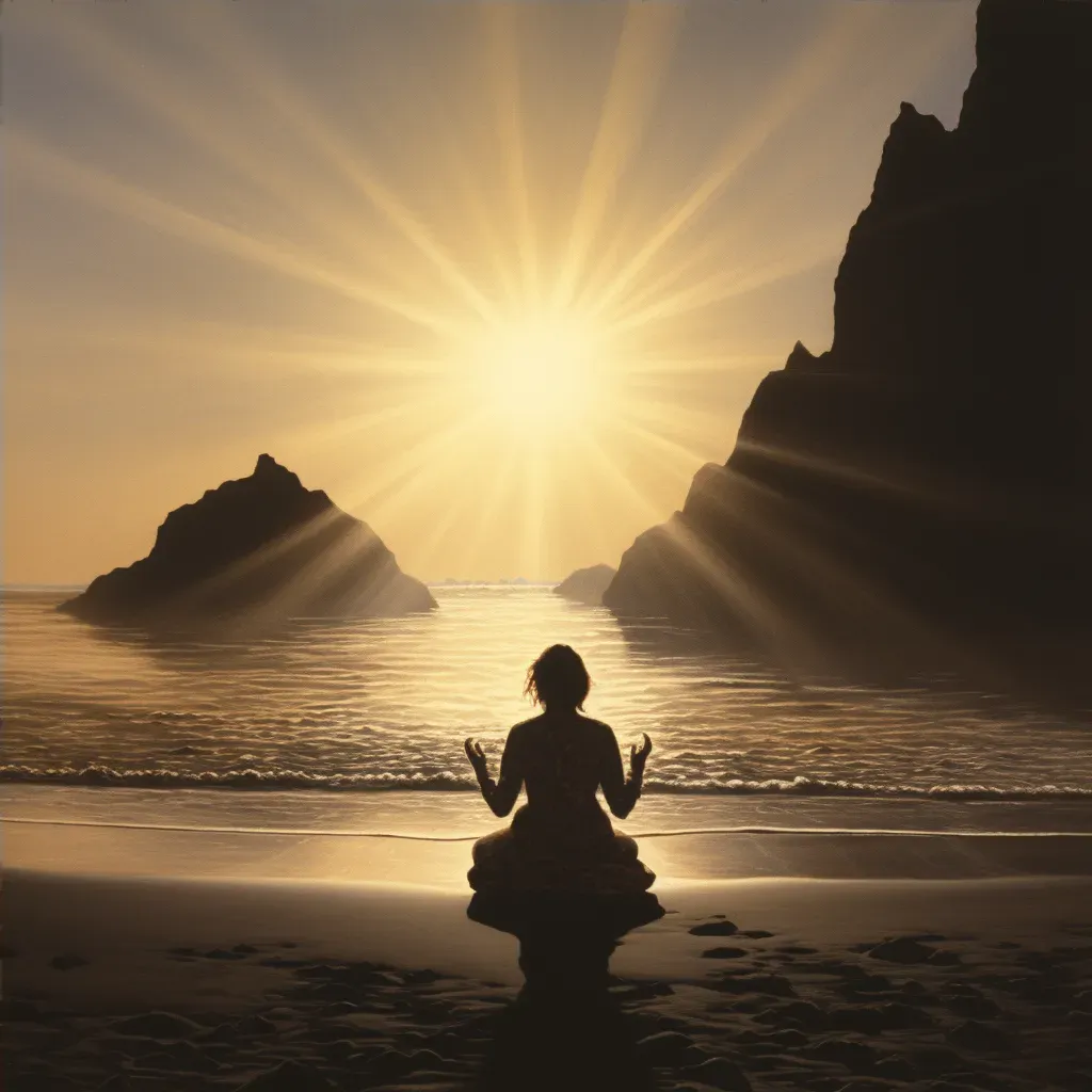 Image of a person practicing yoga on a quiet beach at sunrise - Image 4