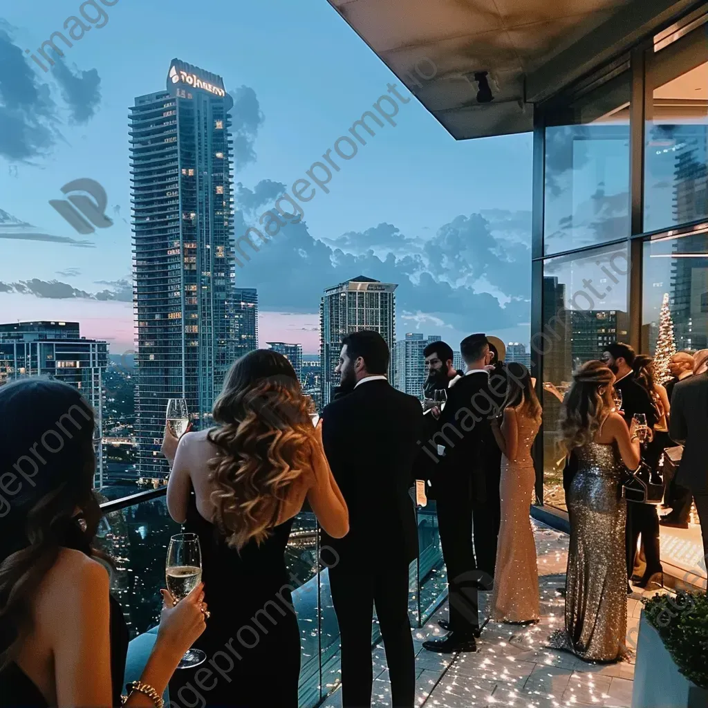 Glamorous rooftop party with elegant guests and champagne - Image 1