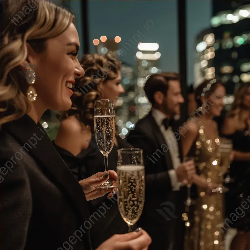 Glamorous rooftop party with elegant guests and champagne - Image 4