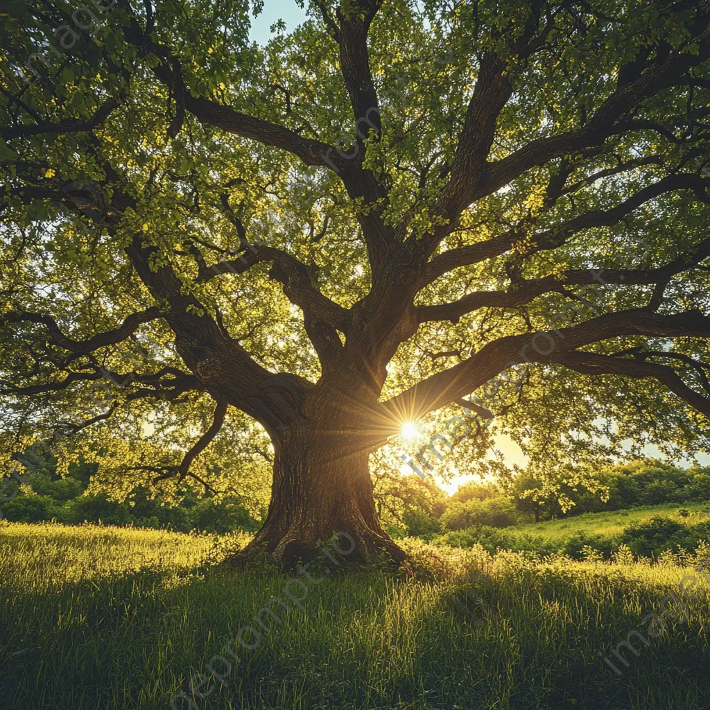 Ancient oak tree in a lush meadow with filtering sunlight - Image 2