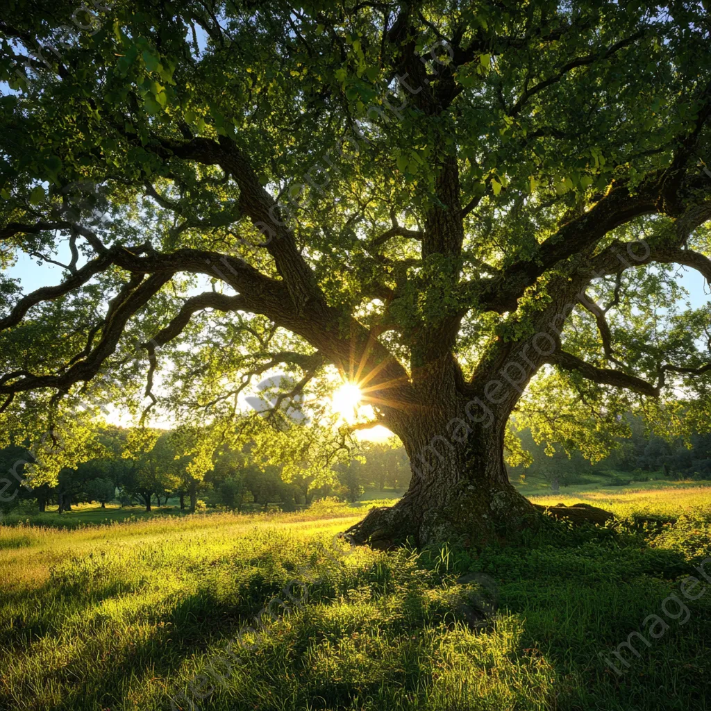 Ancient oak tree in a lush meadow with filtering sunlight - Image 3