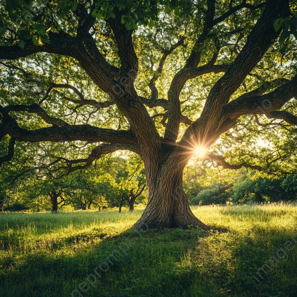 Ancient oak tree in a lush meadow with filtering sunlight - Image 4