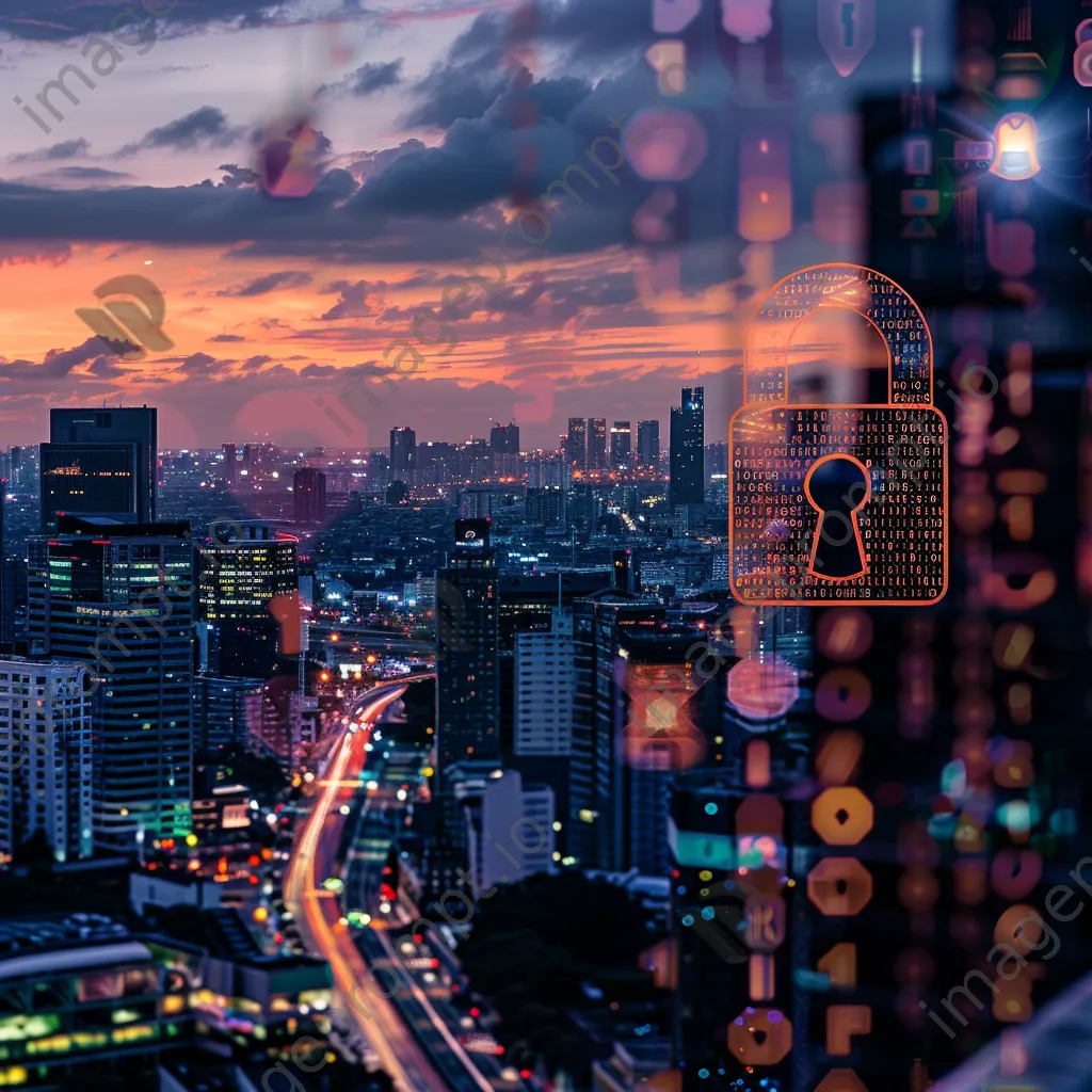 Digital lock icon superimposed on a city skyline at dusk - Image 1