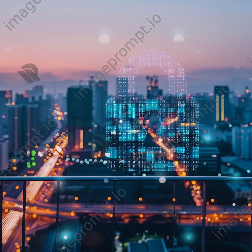 Digital lock icon superimposed on a city skyline at dusk - Image 4