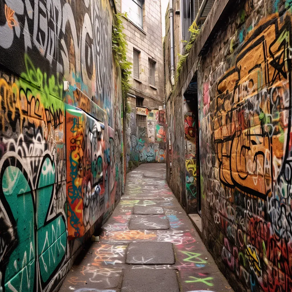 Image of a narrow urban lane covered in layered graffiti tags representing different artists