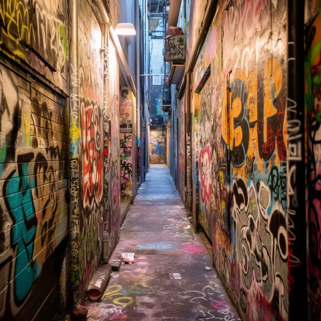 Image of a narrow urban lane covered in layered graffiti tags representing different artists