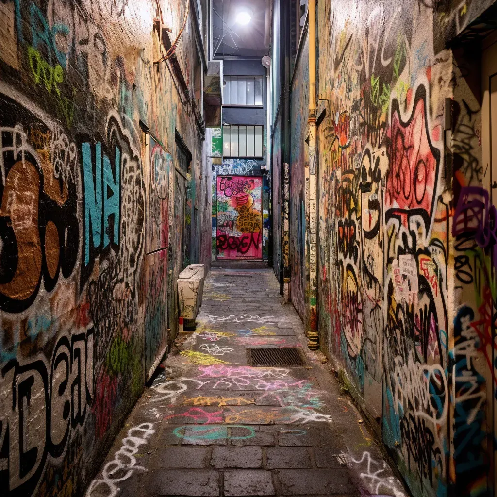 Image of a narrow urban lane covered in layered graffiti tags representing different artists