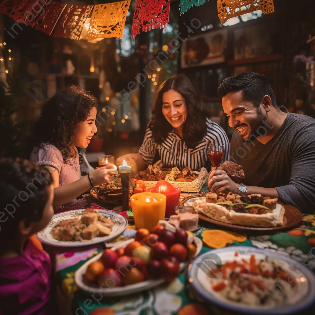 Family enjoying traditional foods during Dia de los Muertos celebration. - Image 1