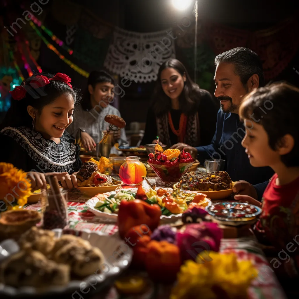 Family enjoying traditional foods during Dia de los Muertos celebration. - Image 2