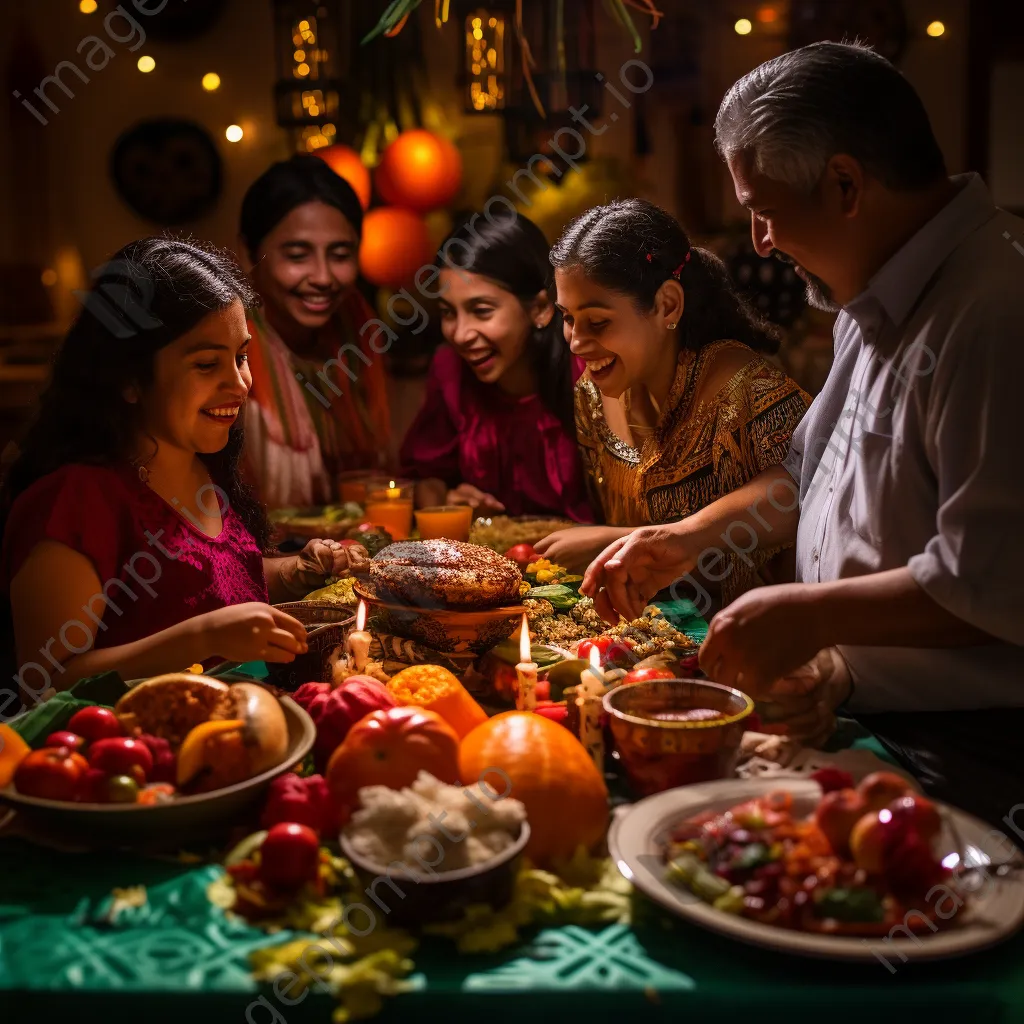 Family enjoying traditional foods during Dia de los Muertos celebration. - Image 4