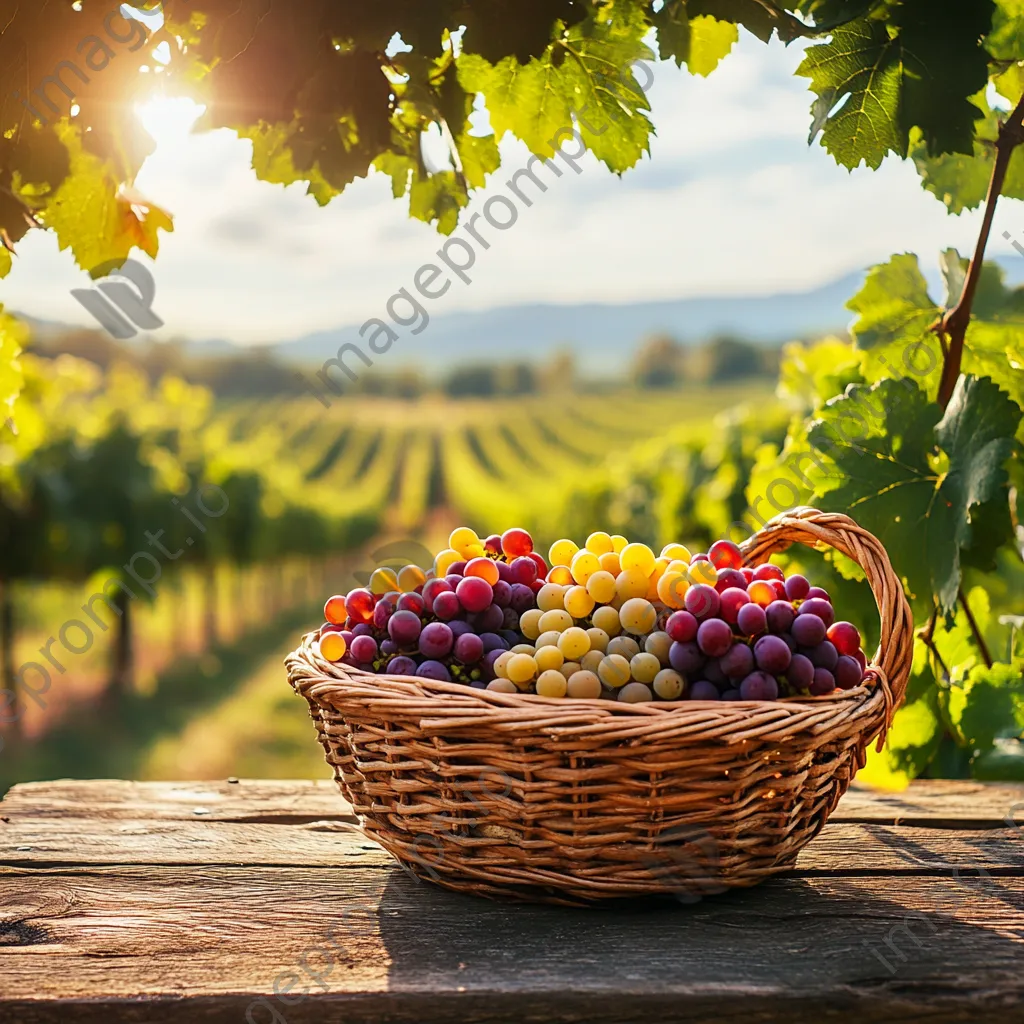 Basket of freshly harvested grapes on a wooden table in a vineyard. - Image 1