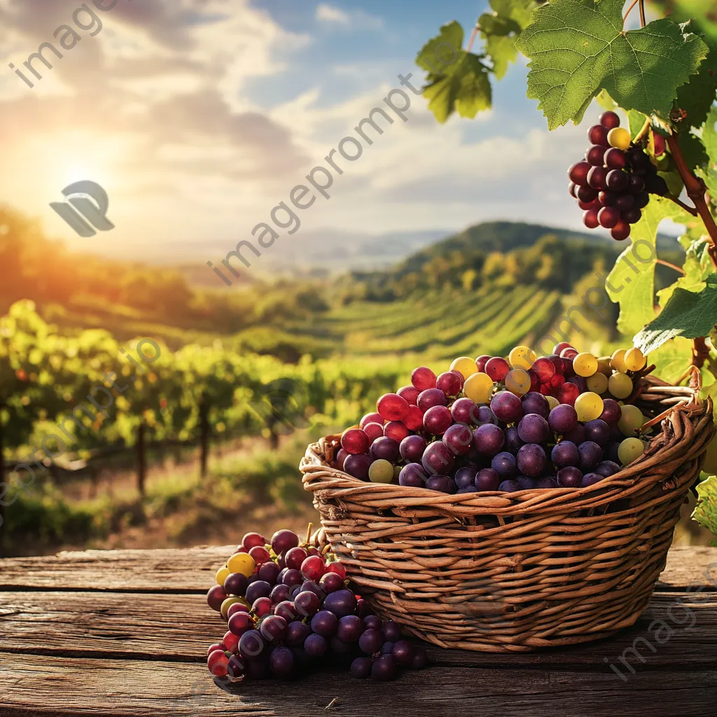 Basket of freshly harvested grapes on a wooden table in a vineyard. - Image 2