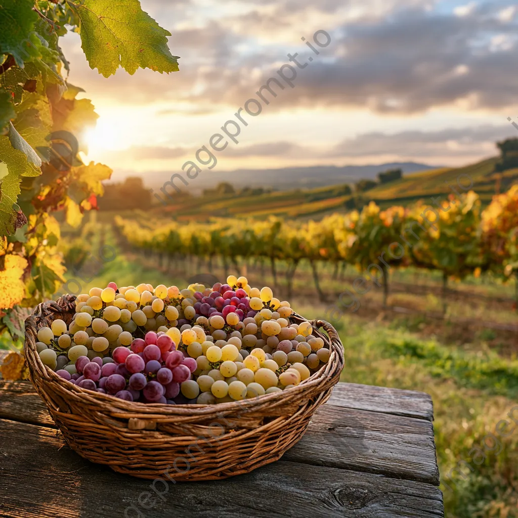 Basket of freshly harvested grapes on a wooden table in a vineyard. - Image 3