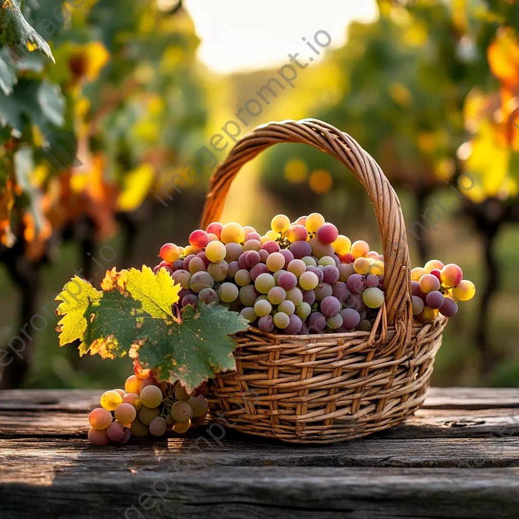 Basket of freshly harvested grapes on a wooden table in a vineyard. - Image 4