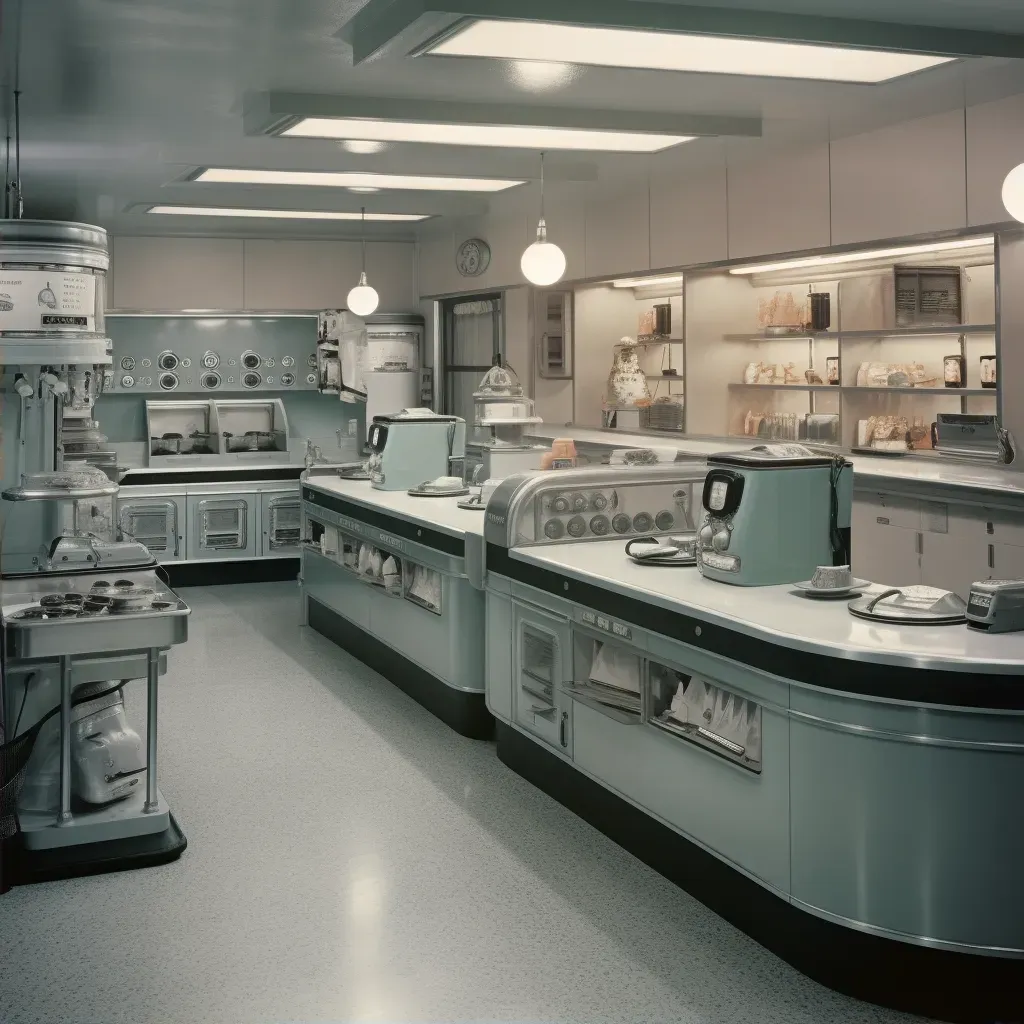 Image of a retro-futuristic kitchen with automated cooking appliances and holographic menus - Image 2