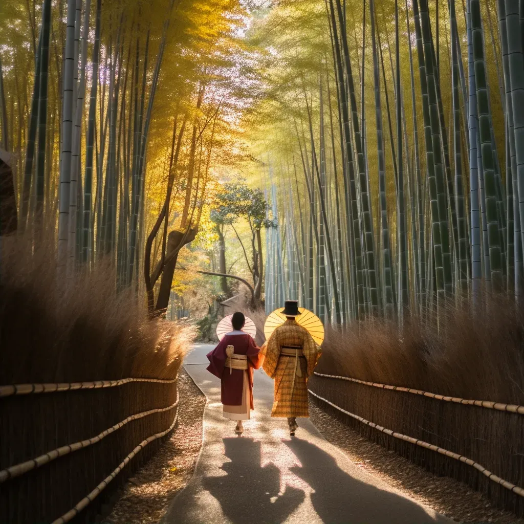 Kyoto bamboo forest with tourists in kimonos - Image 2