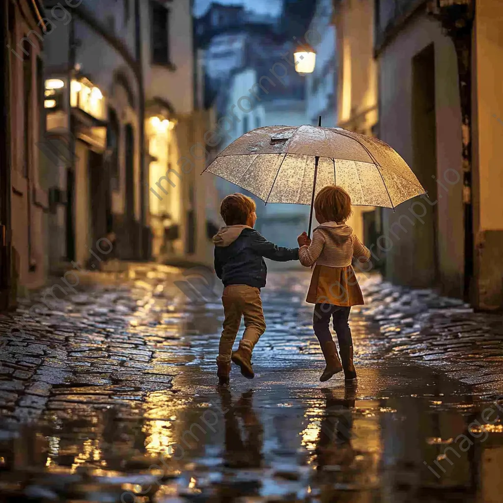 Two children sharing an umbrella while jumping in puddles - Image 1