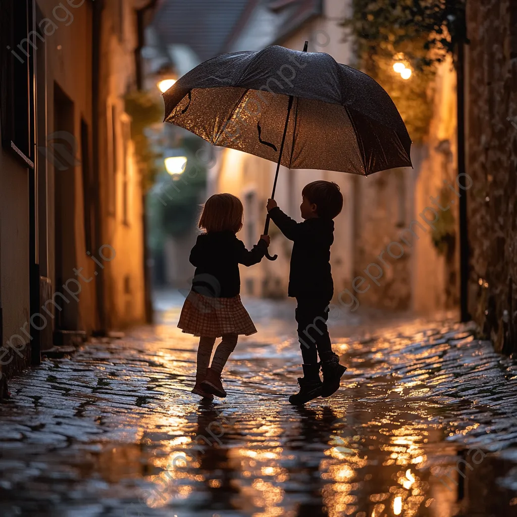 Two children sharing an umbrella while jumping in puddles - Image 2