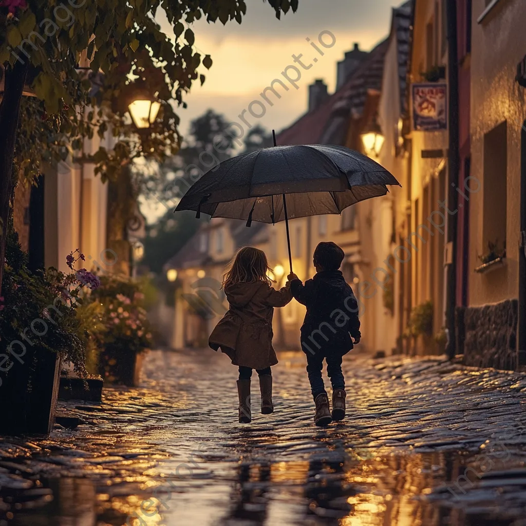 Two children sharing an umbrella while jumping in puddles - Image 3