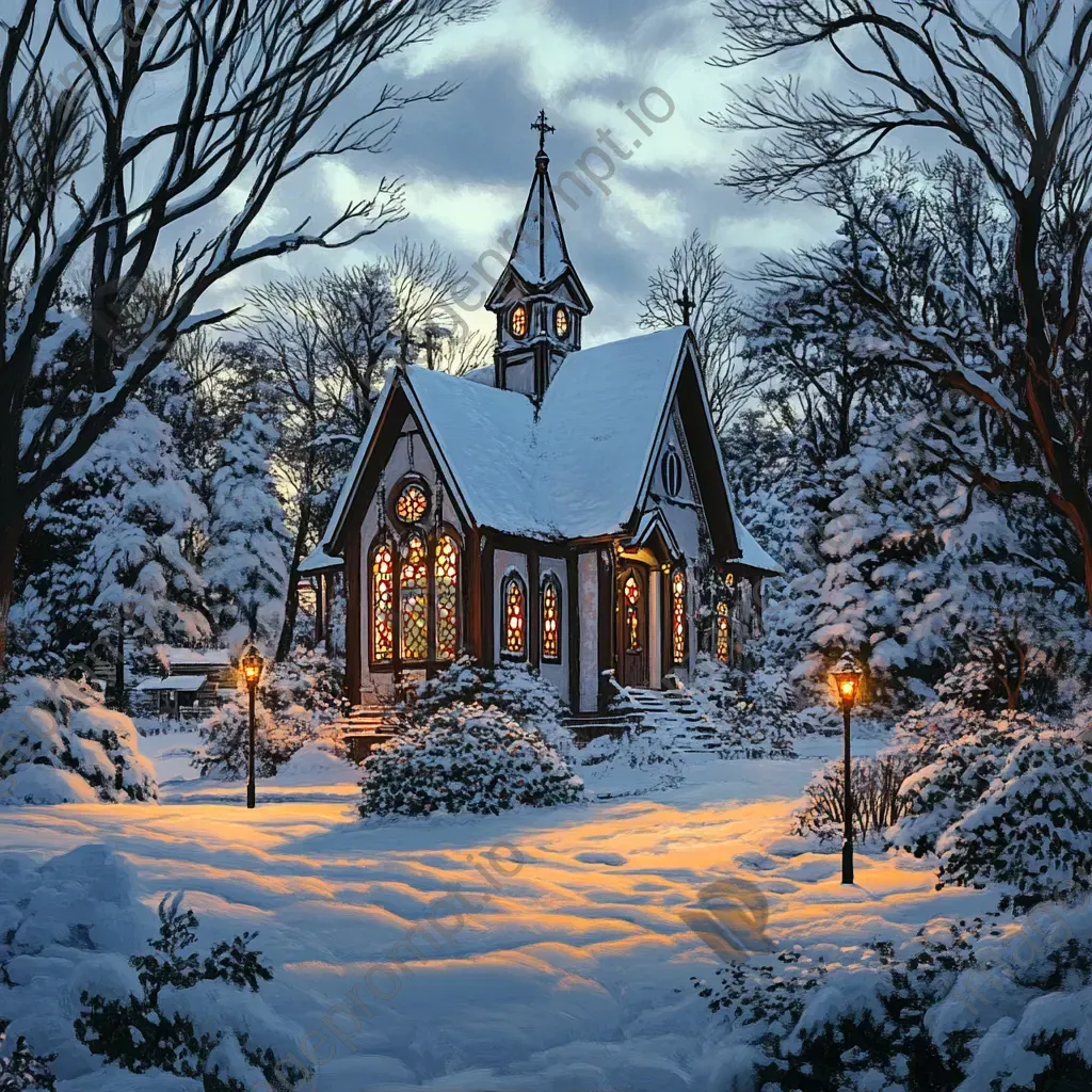 Snow-laden country chapel with warm light emanating from stained glass windows on Christmas Eve - Image 1