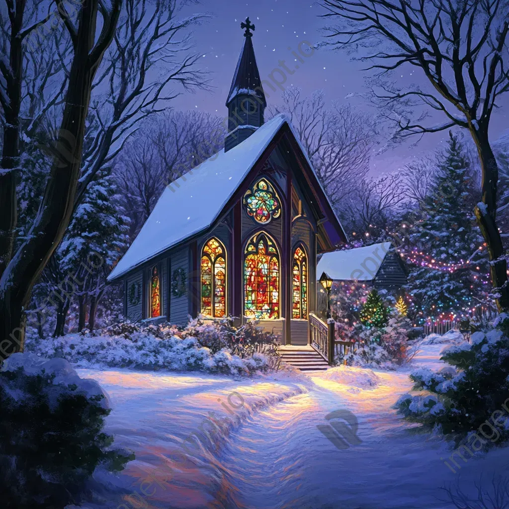 Snow-laden country chapel with warm light emanating from stained glass windows on Christmas Eve - Image 2