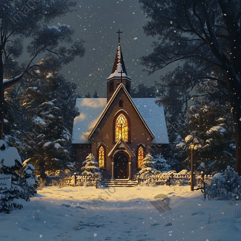 Snow-laden country chapel with warm light emanating from stained glass windows on Christmas Eve - Image 3