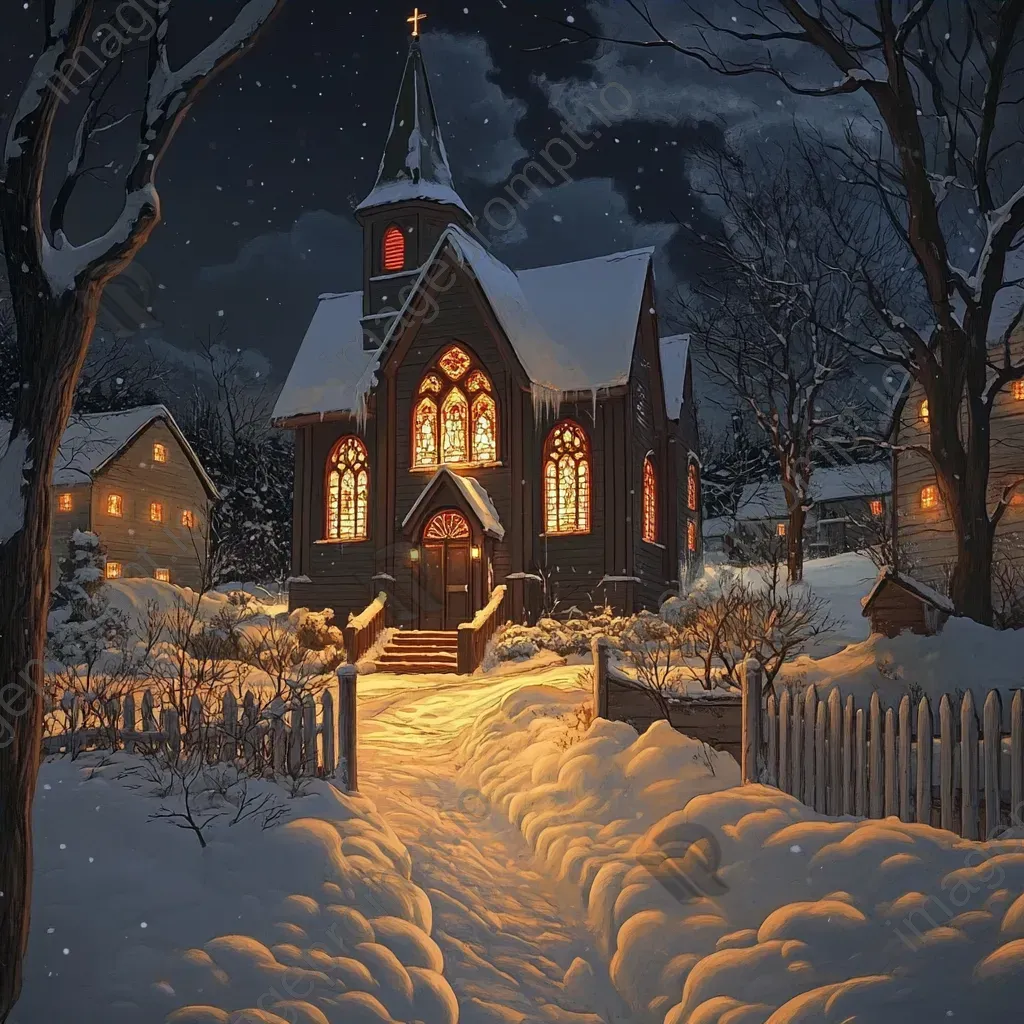 Snow-laden country chapel with warm light emanating from stained glass windows on Christmas Eve - Image 4