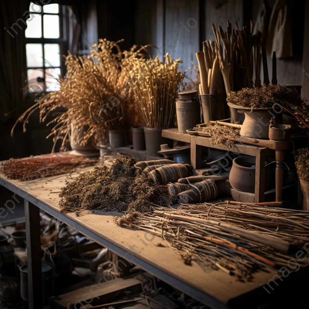 Flax processing tools next to harvested flax plants. - Image 1