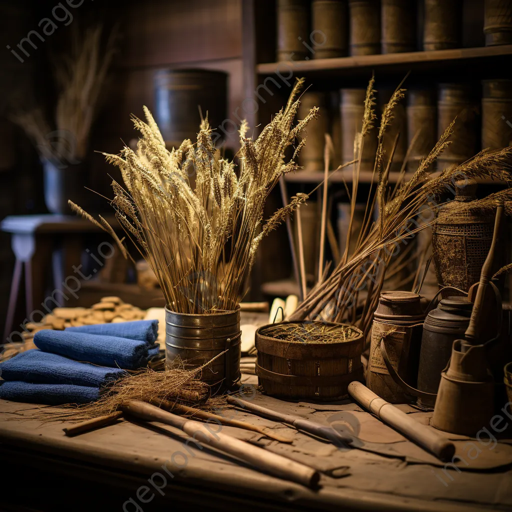 Flax processing tools next to harvested flax plants. - Image 2