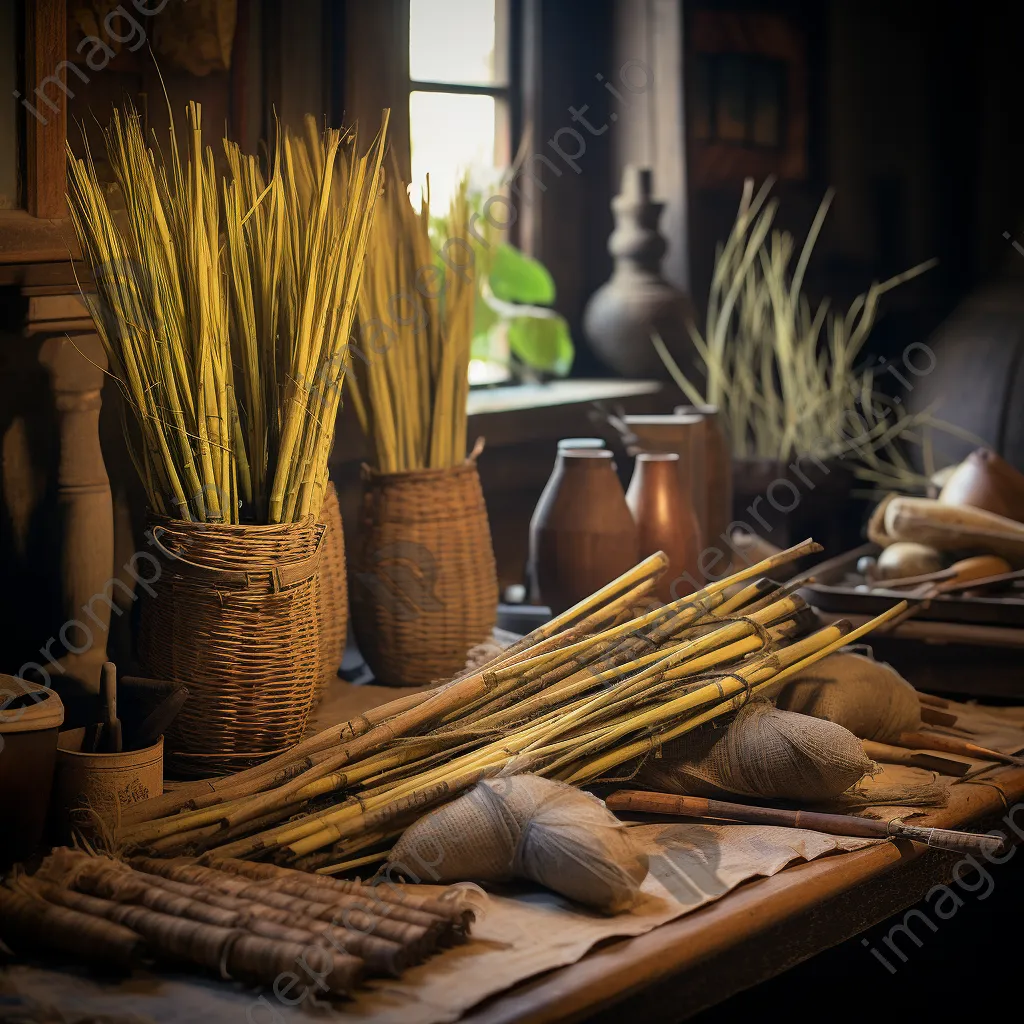 Flax processing tools next to harvested flax plants. - Image 3