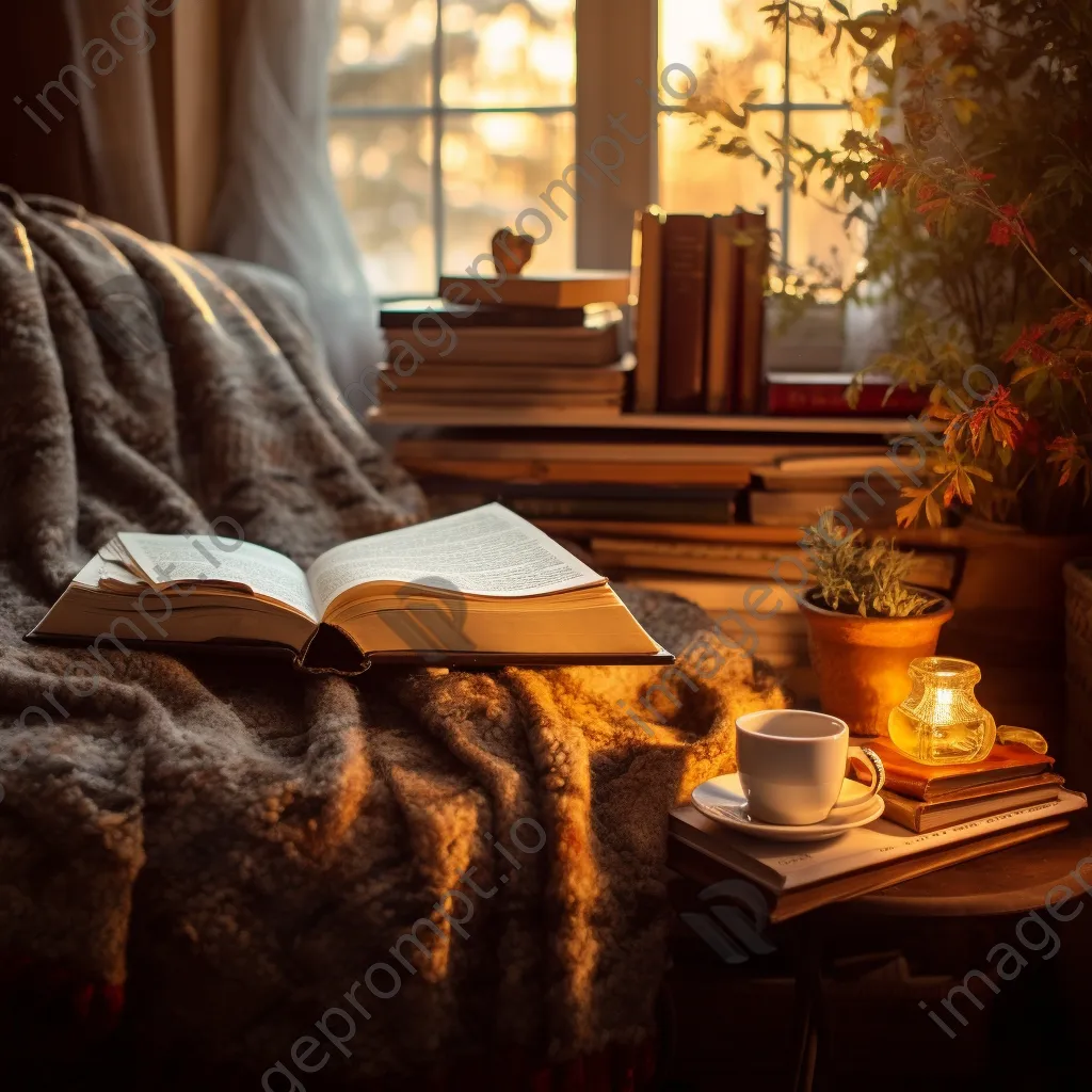 Cozy reading nook with books, blanket, and tea - Image 1