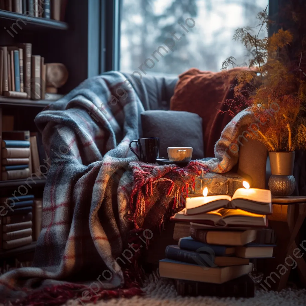 Cozy reading nook with books, blanket, and tea - Image 2