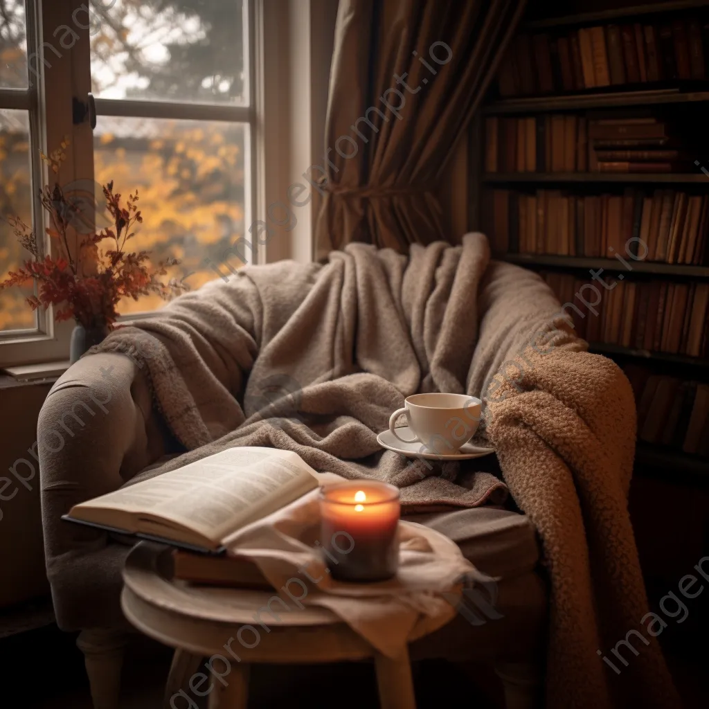 Cozy reading nook with books, blanket, and tea - Image 4